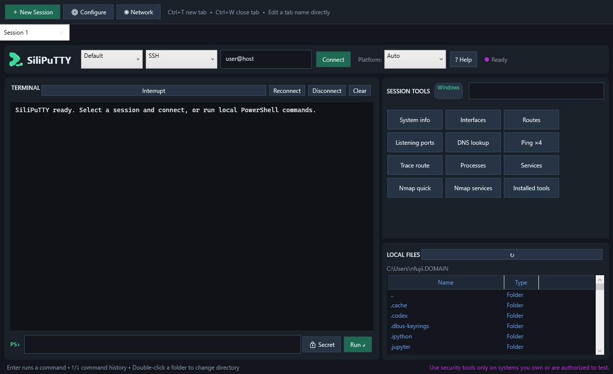 SiliPuTTY application showing an SSH terminal, platform-aware session tools, and a local file browser